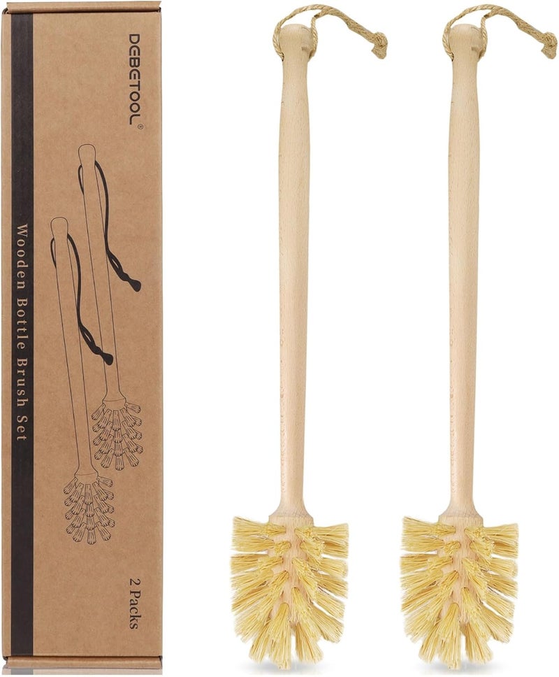 DEBETOOL 2-Pack Natural Wooden Bottle Brush with Sisal Bristles, Long Handle Bottle Brush Cleaner for Wide Mouth Jars, Water Bottles, Cups, Glasses, Baby Bottles (Non-Scratch) - Image 1